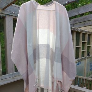 Women's Pink, Grey and Cream Fringed Poncho Blanket